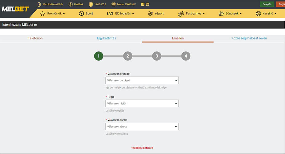 Melbet - többfunkciós űrlap, aminek a segítségével többféle módon is lehet felhasználó fiókot