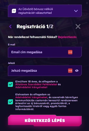 Robycasino regisztrációs űrlap